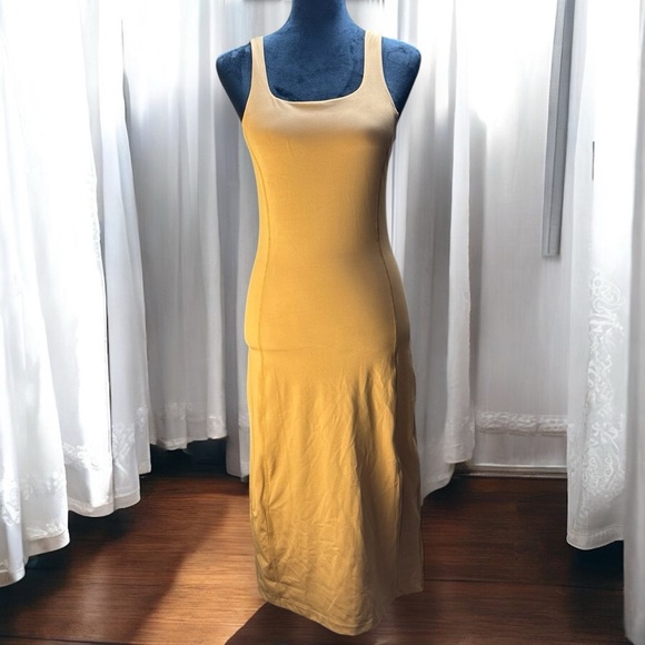 Mono B‎ Athletic Tank Dress Tan Camel Medium Shelf Bra Midi Body Con Square Neck - Picture 1 of 6